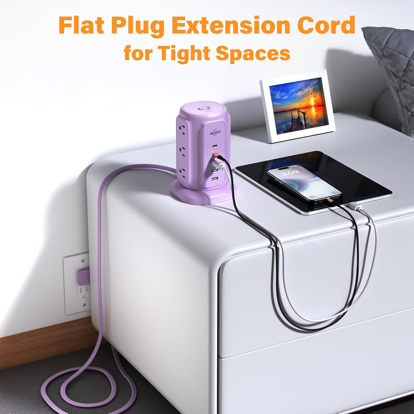 AiJoy 9 5 1200J 1625W USB C Power Strip Tower, AC Outlets and USB Ports Power Tower, Surge Protection, Flat Plug