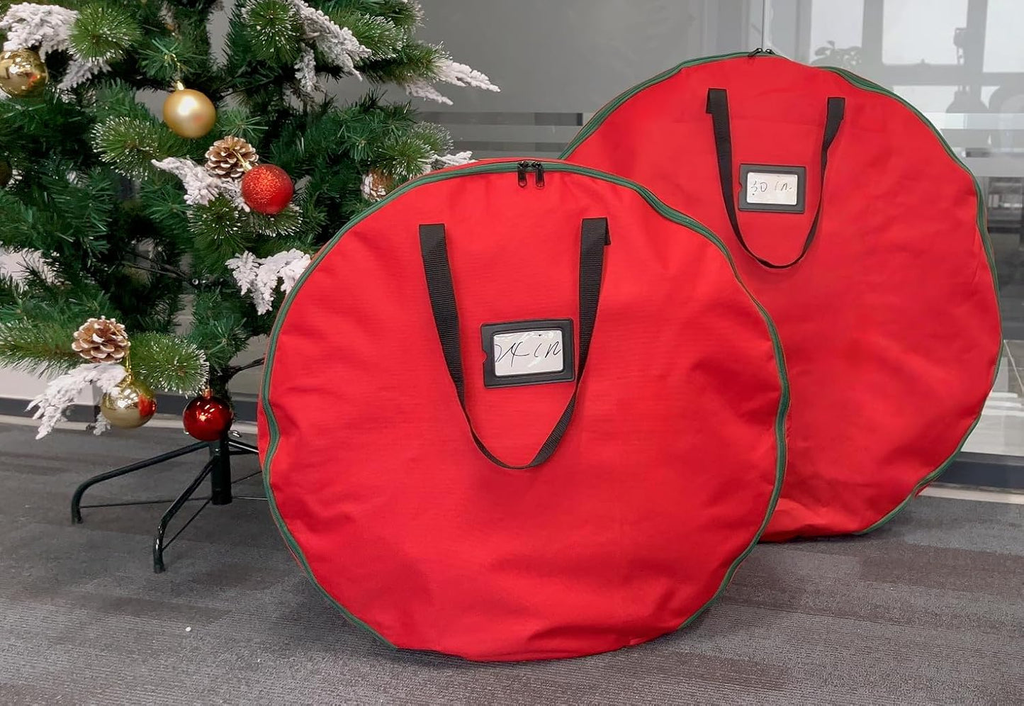 Skiennix Wreath Storage Container - Heavy Duty 600D Oxford Cloth | 24x12 Inch Red Double Bag for Holiday Wreaths
