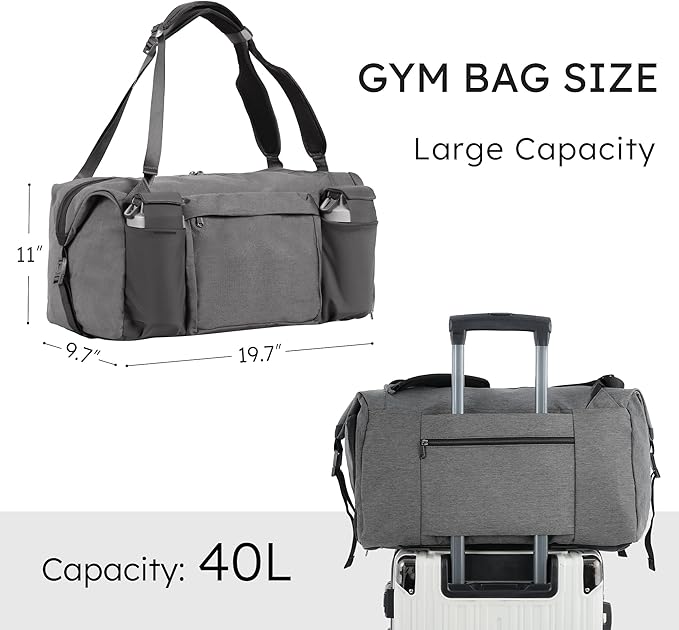 Gym Bag for Men with 2 Upgraded Bottle Holders Convertible Duffle Bag and Gym Backpack Waterproof Sports Bags with Shoes Compartment and Wet Pocket - Grey