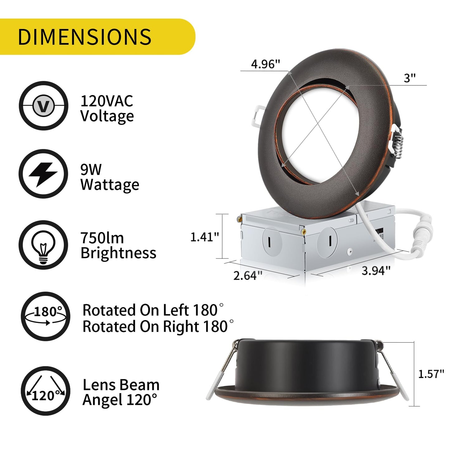 KnLnny Ware 4 Inch LED Recessed Lights 6 Pack, Adjustable Gimbal, 9W 750LM, Dimmable, Oil Rubbed Bronze, Model KL-Light2025