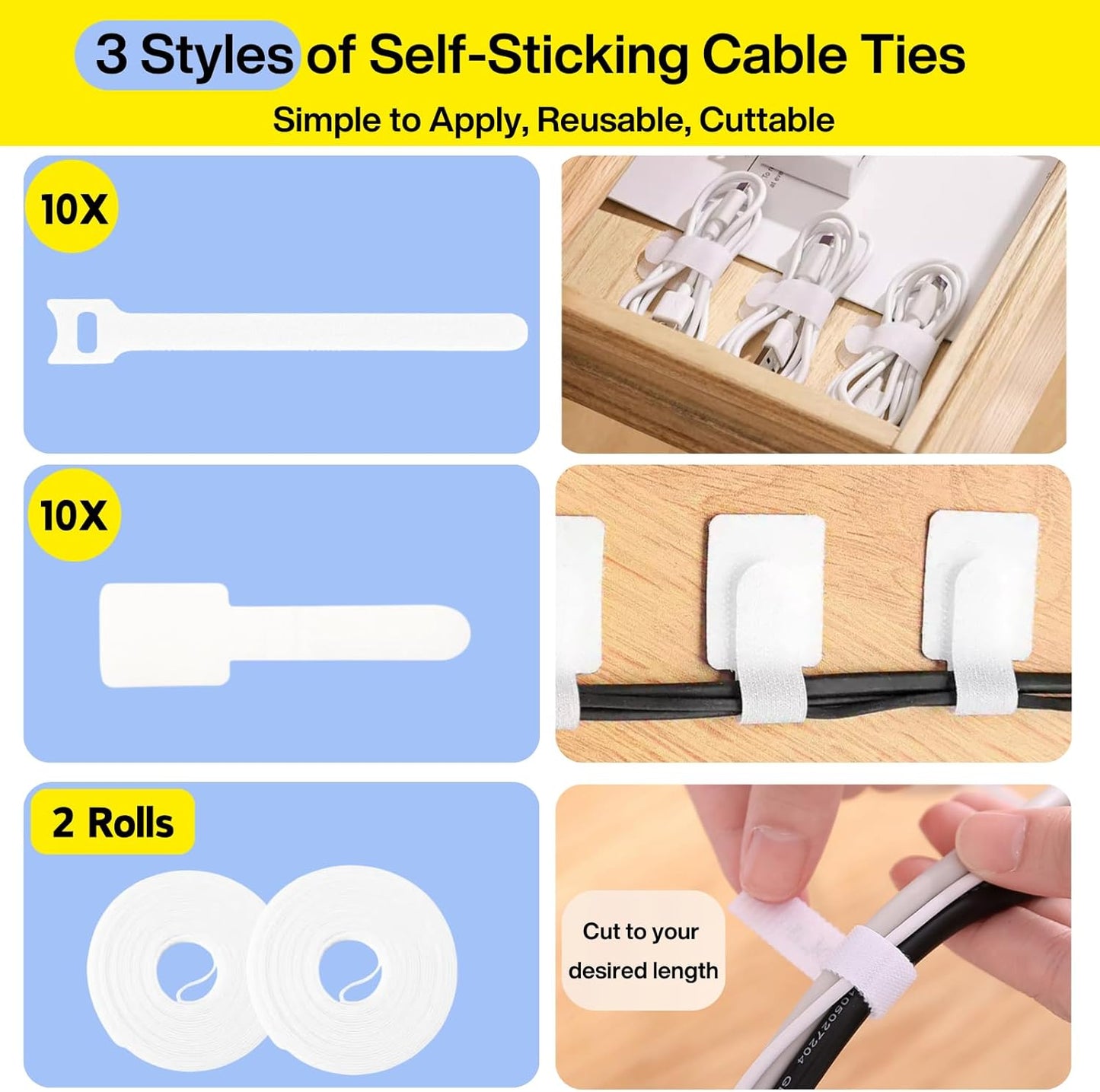Topavatop [313Pcs] 67 22 4 200 20 Cable Management Kit, Adhesive Cable Clips, Desk Cord Organizer, Reusable Cable