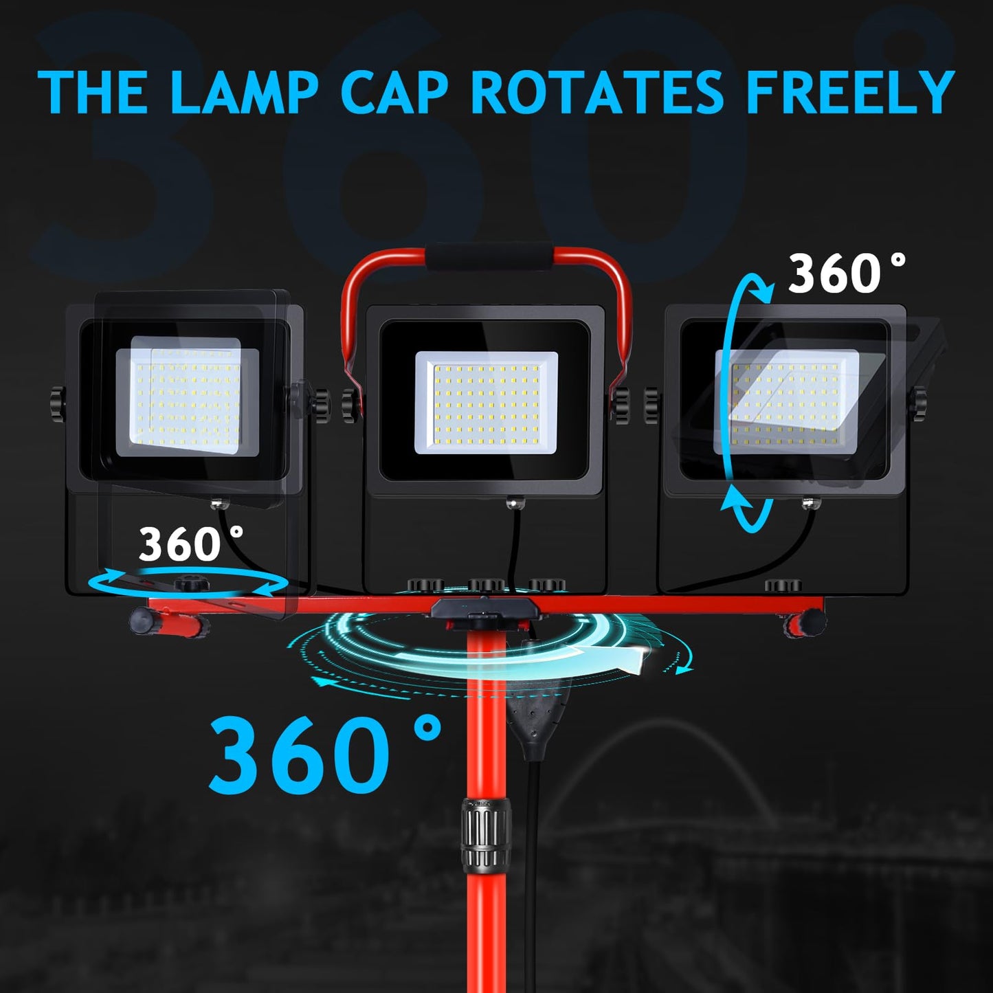 Juyace 2-Pack 150W LED Work Light with Tripod Stand, 15000LM Dual Head Flood Light, IP65 Waterproof Portable Job Site Lamp, 5000K with Independent Switches for Garage, Workshop, Construction, Camping