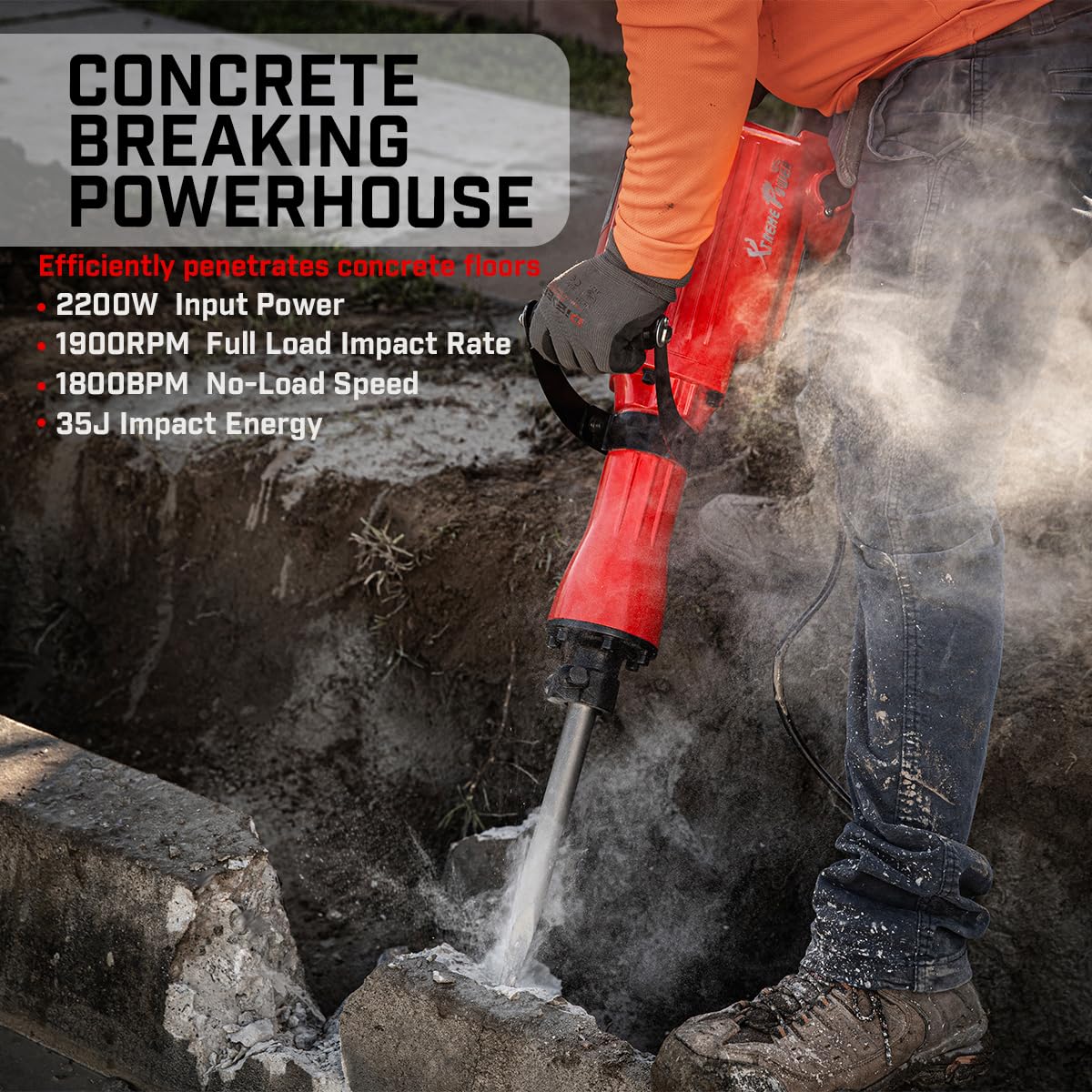 XtremepowerUS 2200W Electric Demolition Jack Hammer Concrete Floor Demo Breaker Cement Breaker Drill (Point Bull, Chisel & Shovel Bits) w/ Case