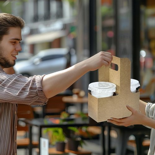 2 Cup Disposable Drink Carrier for Delivery with Handle, 10 Kraft Paperboard Cup Holder, Cup Carriers for Hot or Cold Drinks, to Go Coffee Cup Holder for Food Delivery Brown
