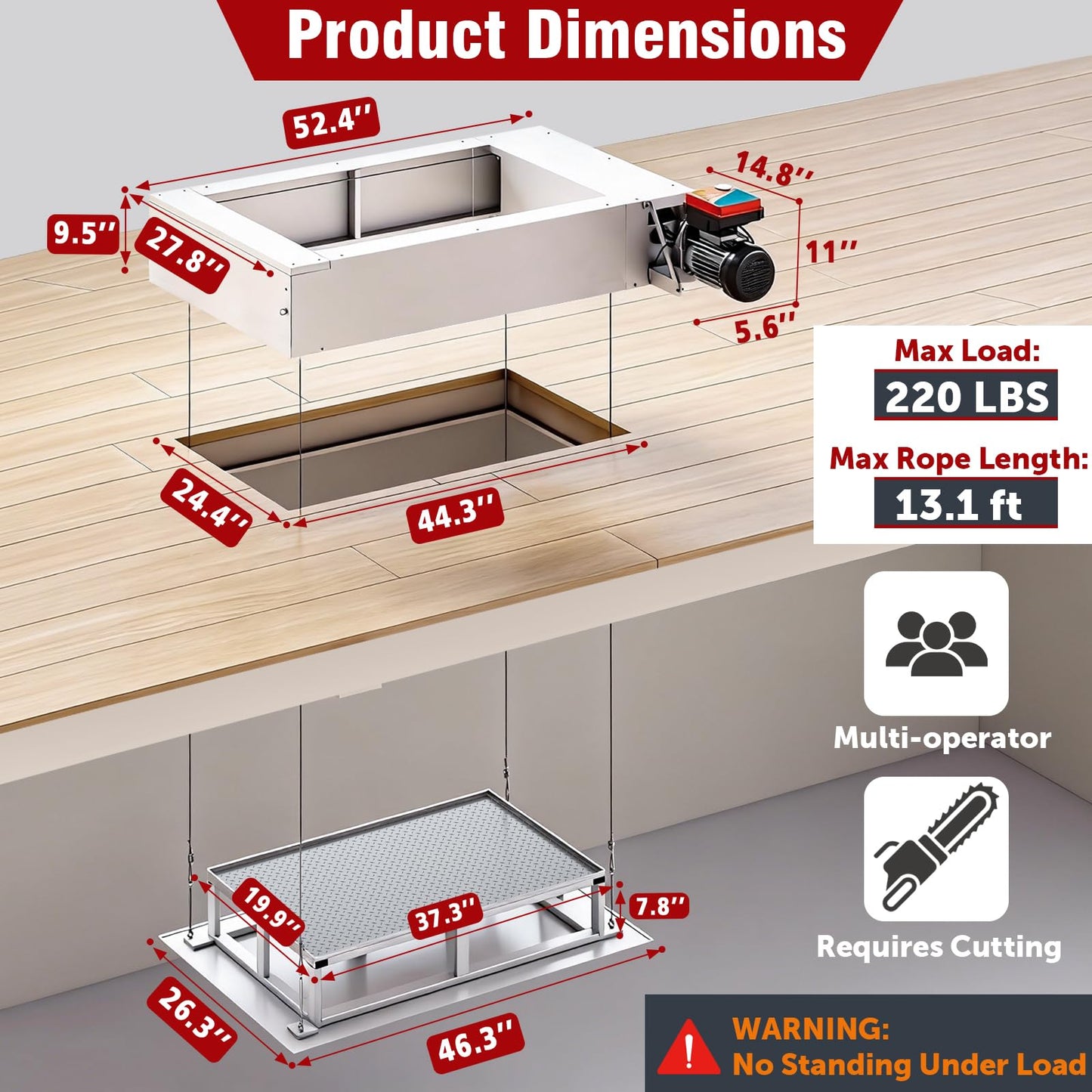 Electric Attic Lift for Garage Storage, Dual Wired/Wireless Remote for Attic Lift, 220 lb Capacity & 13 ft Lift Height, Heavy Duty for Garage & Warehouse