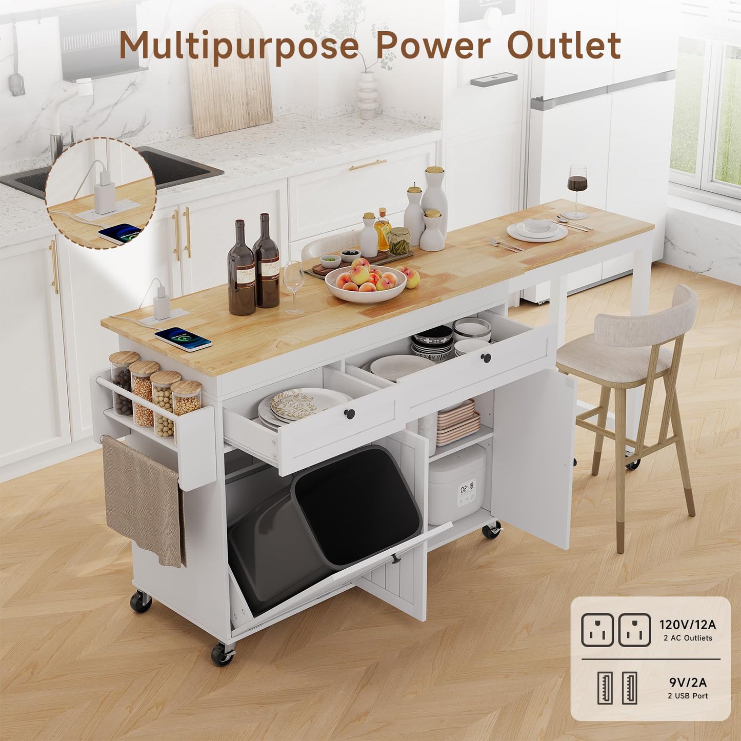 Lefurture Kitchen Islands with Storage, Kitchen Island on Wheels with Extendable Dining Table and Power Outlet, Rolling Island Cart with Trash Cabinet, Spice Rack & Towel Rack, White