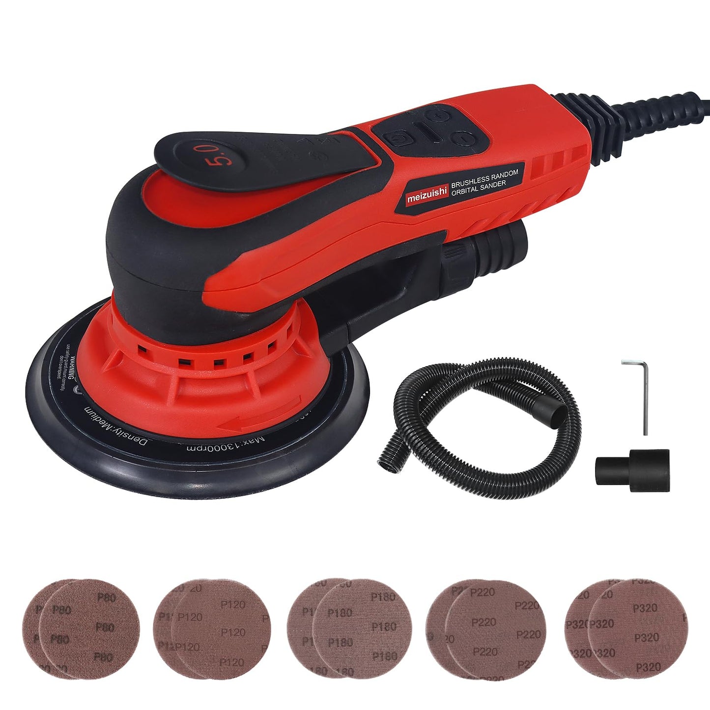 5mm Random Orbital Sander Wired，350W Brushless，4000-10K RPM Variable Speed ，Electric Palm Sander for Woodworking, Sanding and Polishing ，with 10 Sanding Paper & Dust Connector & Hose
