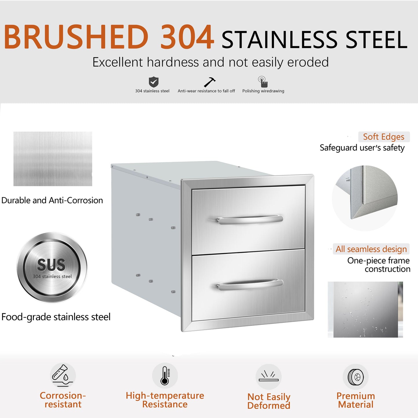 RAILEN Outdoor Kitchen Drawers 14" W x 15" H x 23" D Built-in BBQ Drawer Stainless Steel Access Drawers for Outdoor Kitchen Island or Grill Station