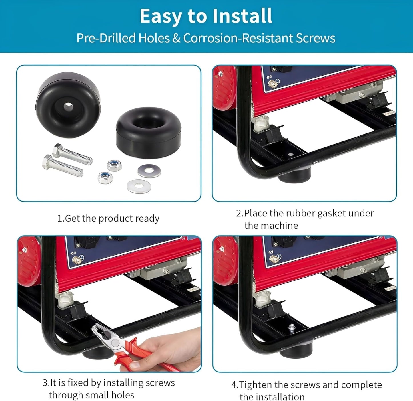 Heavy-Duty Anti-Vibration Rubber Feet for Pressure Washers, Compressors, Trailers, and Generators Rubber Mounting Feet 1 x 2.5 Inches 4-Piece Set with Screw Kit