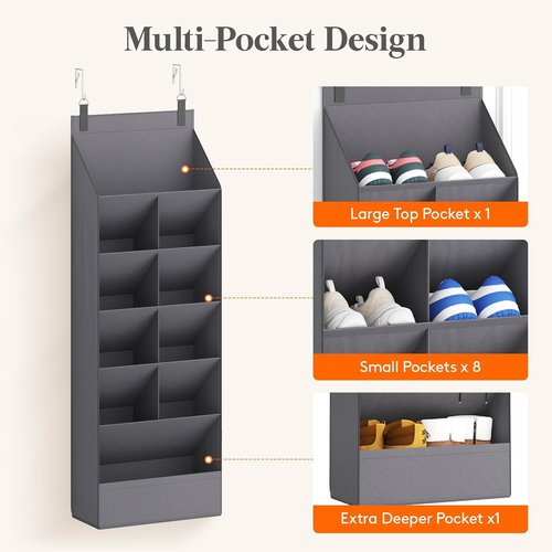 Lifewit 6-Tier Over The Door Shoe Organizer - 11 Large Deep Pockets for Up to 12 Pairs - Gray Fabric Storage Shelf
