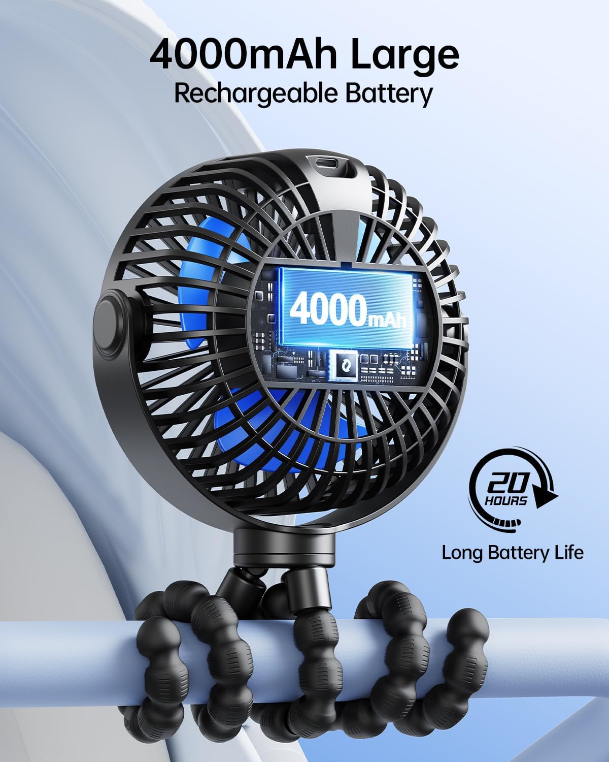 Sweetfull Portable Stroller Fan - 4-Speed Rechargeable Mini Clip-On Fan with LED Display | 360° Rotation, Black