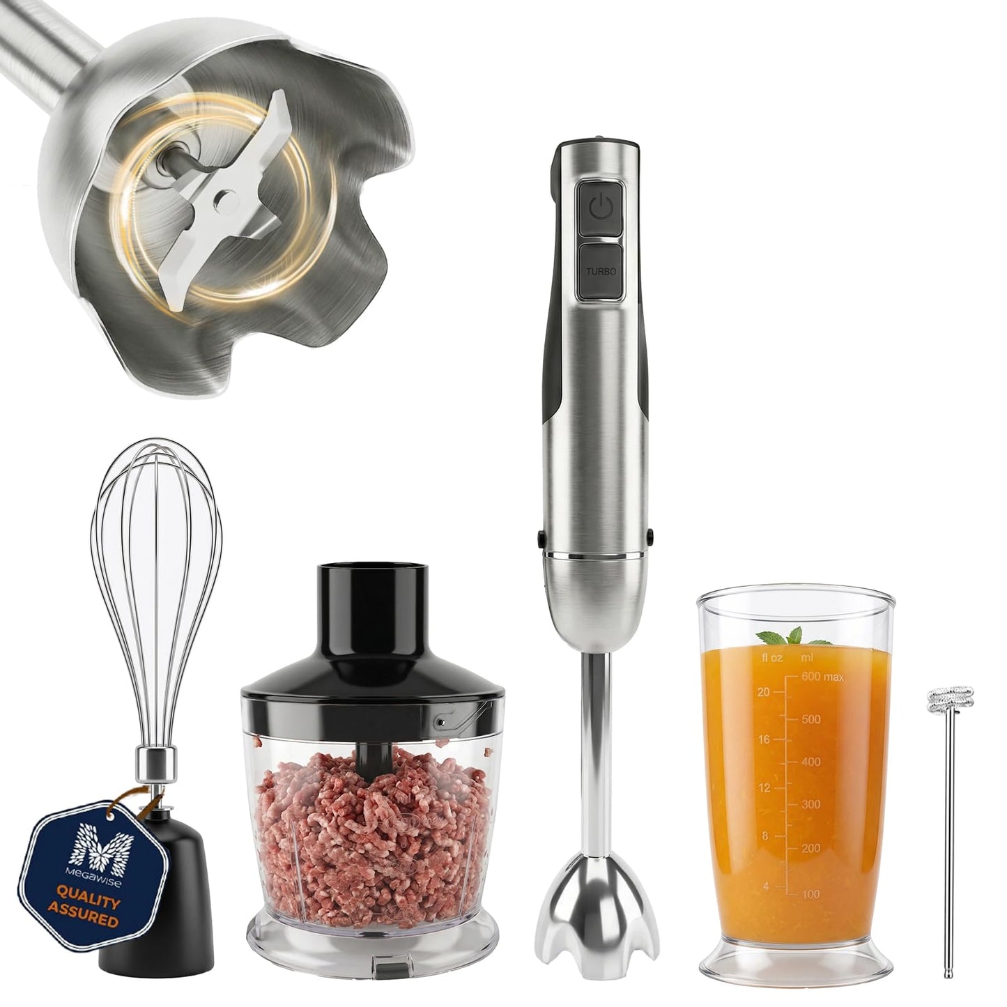Megawise HB-2080 1000W 5-in-1 Immersion Hand Blender, Powerful Stick Blender with Variable Speed & Turbo, Stainless Steel Shaft & Blades, Includes Whisk, Frother, Chopper Bowl & Beaker