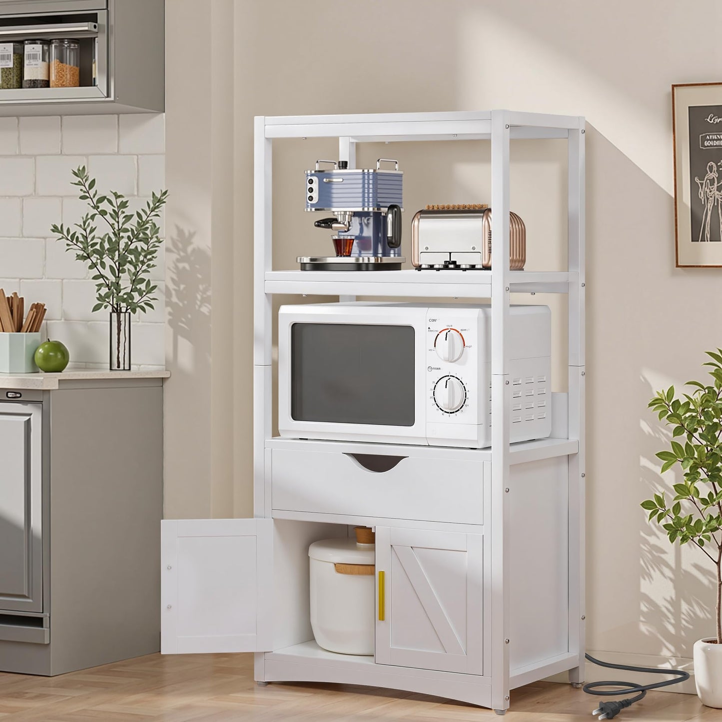 VECELO Kitchen Pantry Cabinet with Charging Station, Freestanding 2-Tier Storage Cupboard, Extra Tall & Wide Microwave Shelf, Farmhouse Style with Drawer, White