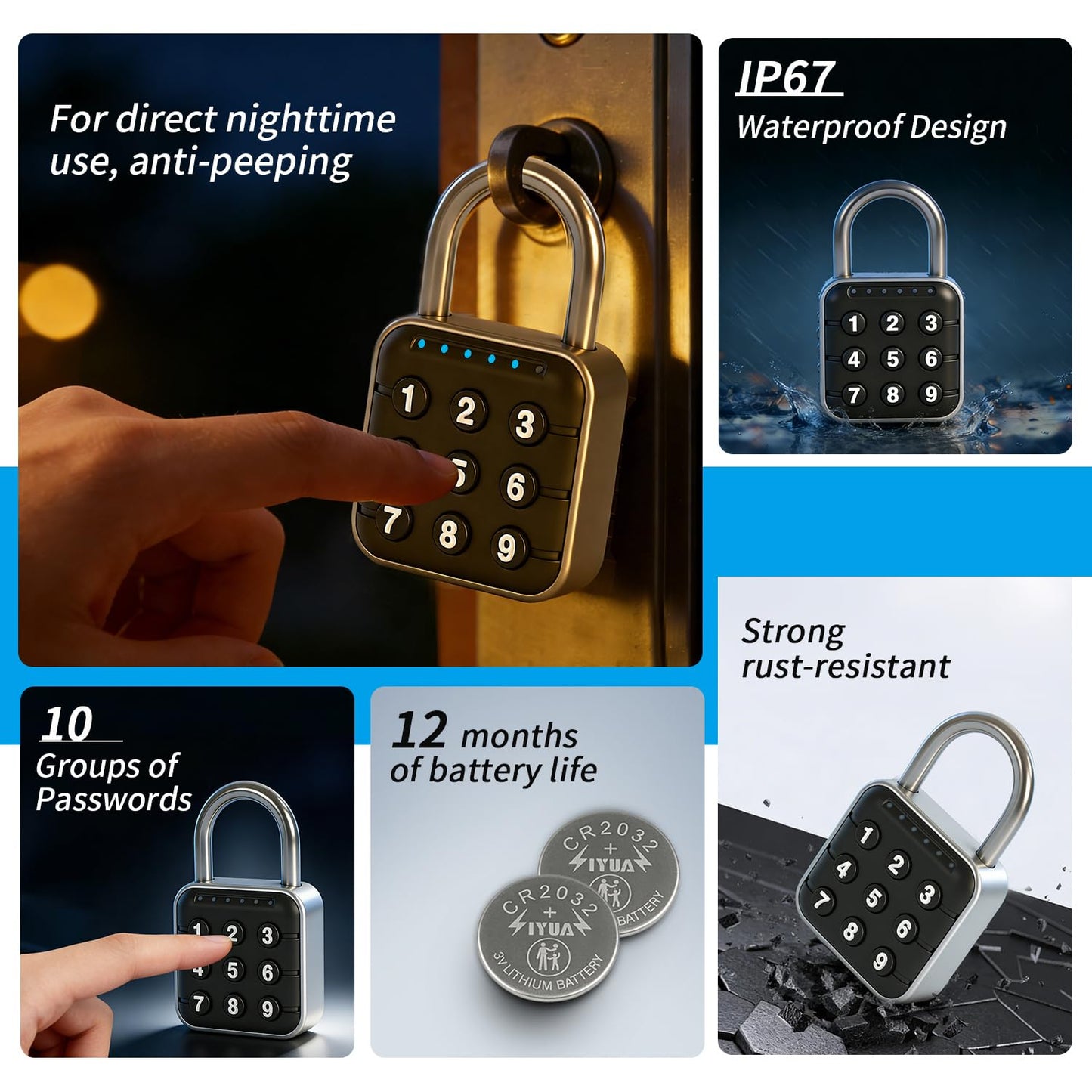 BLOSSOM Digital Padlock for Gym Smart Combination Locker 9 Digits with LED Lights Smart Keyless Entry for School, Shed, Fence (SY13)