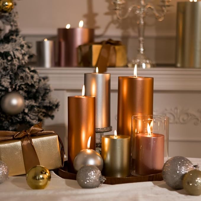 MOZEAL 3" x 6" Hand-Poured Unscented Candle, Dripless Pillar Candle Set of 3, Long Lasting Burning, Approx 120 Hours Burn Time, Rustic Country Style, for Harvest Festivities, Autumn Glow, Copper