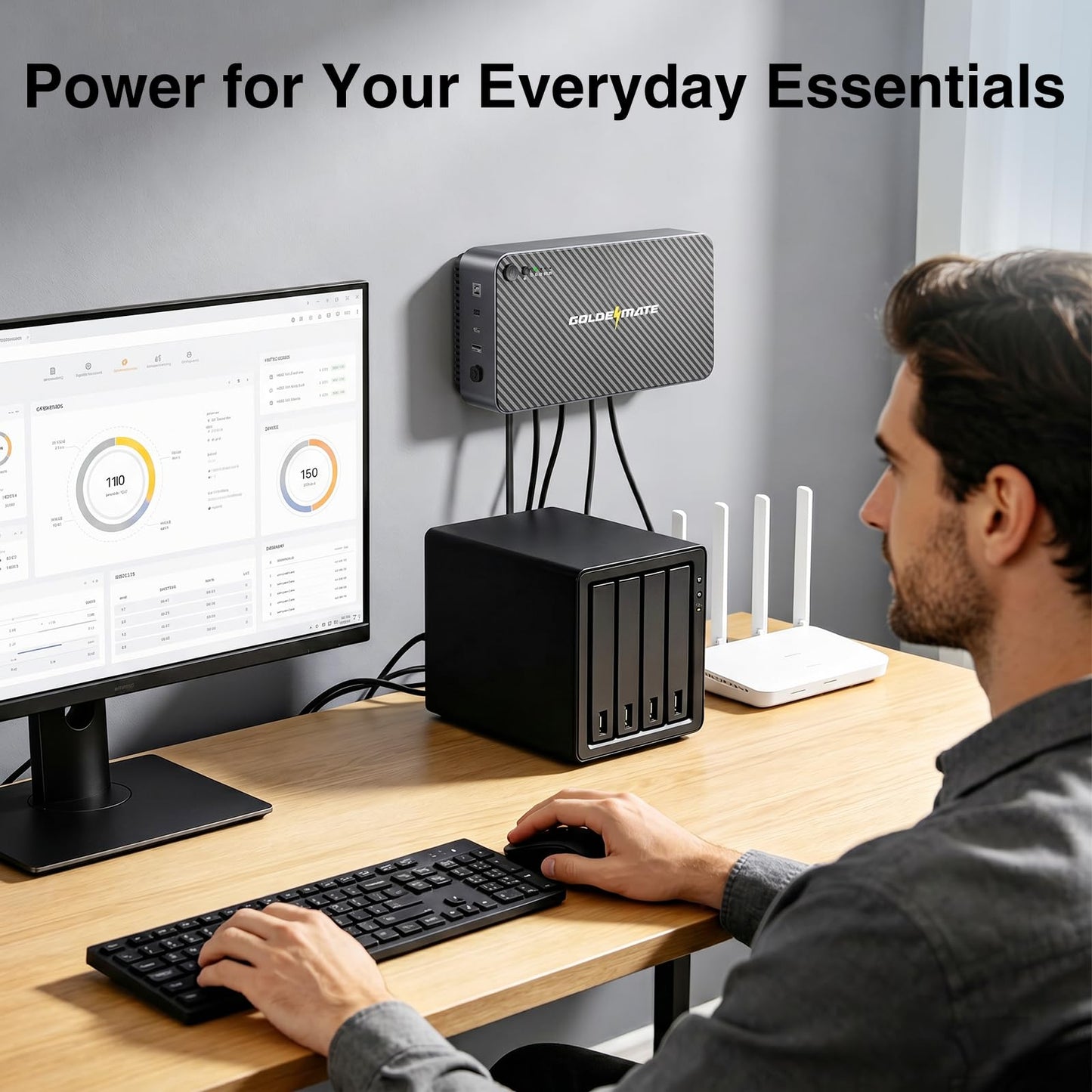 GOLDENMATE 600VA/360W Lithium UPS Battery Backup and Surge Protector, LiFePO4 Battery Backup (76.8Wh), 5 Outlets & 2 USB Ports, Built-in Emergency Light, Compact Wall Mount UPS for Home Office