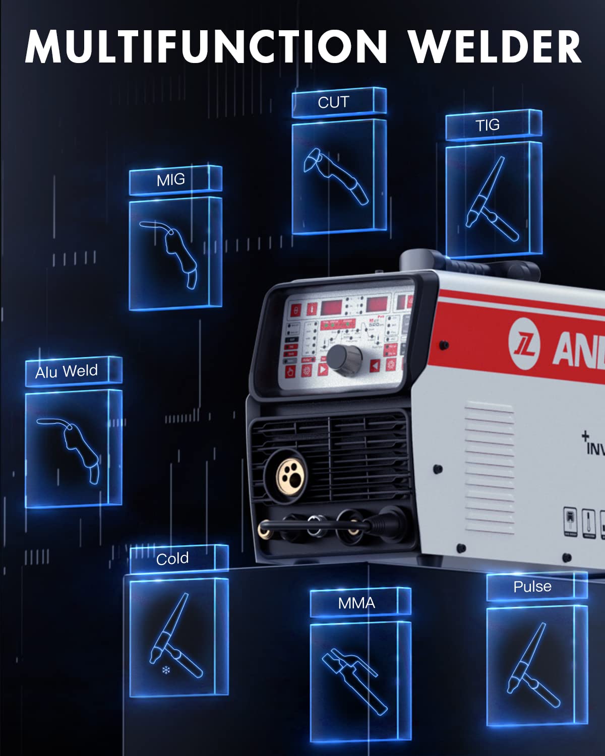 ANDELI 220V Aluminum MIG Welder,MIG TIG CUT COLD & MMA MIG Welding and Flux Welding without Gas Cold Welder 5 in 1 Multiprocess Welder Aluminum Welding Machine MCT-520DPL Pro