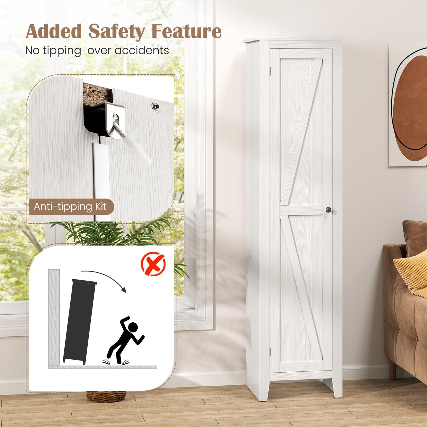 Giantex 72-Inches Narrow Storage Cabinet, Tall Bathroom Floor Cabinet with 4 Shelves, Barn Door, Anti-tilt Device, Raised Feet, Slim Storage Unit for Small Spaces, Living Room, Home Office, Kitchen
