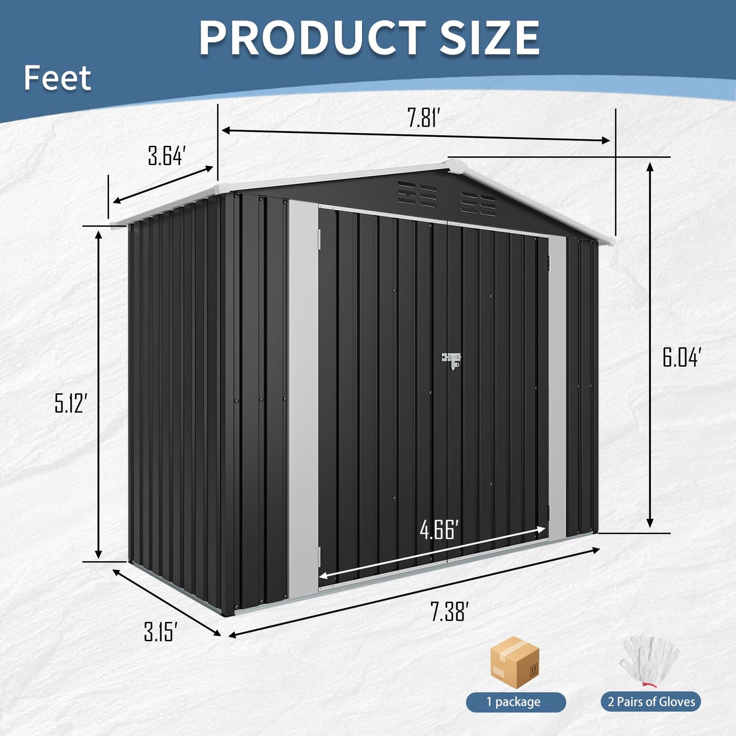 KEIKI 8x4 FT Outdoor Metal Storage Shed with Lockable Door, Heavy Duty Galvanized Steel Garden Tool Shed with Sloped Roof and Air Vents, Weatherproof Backyard Organizer for Patio Lawn, Black