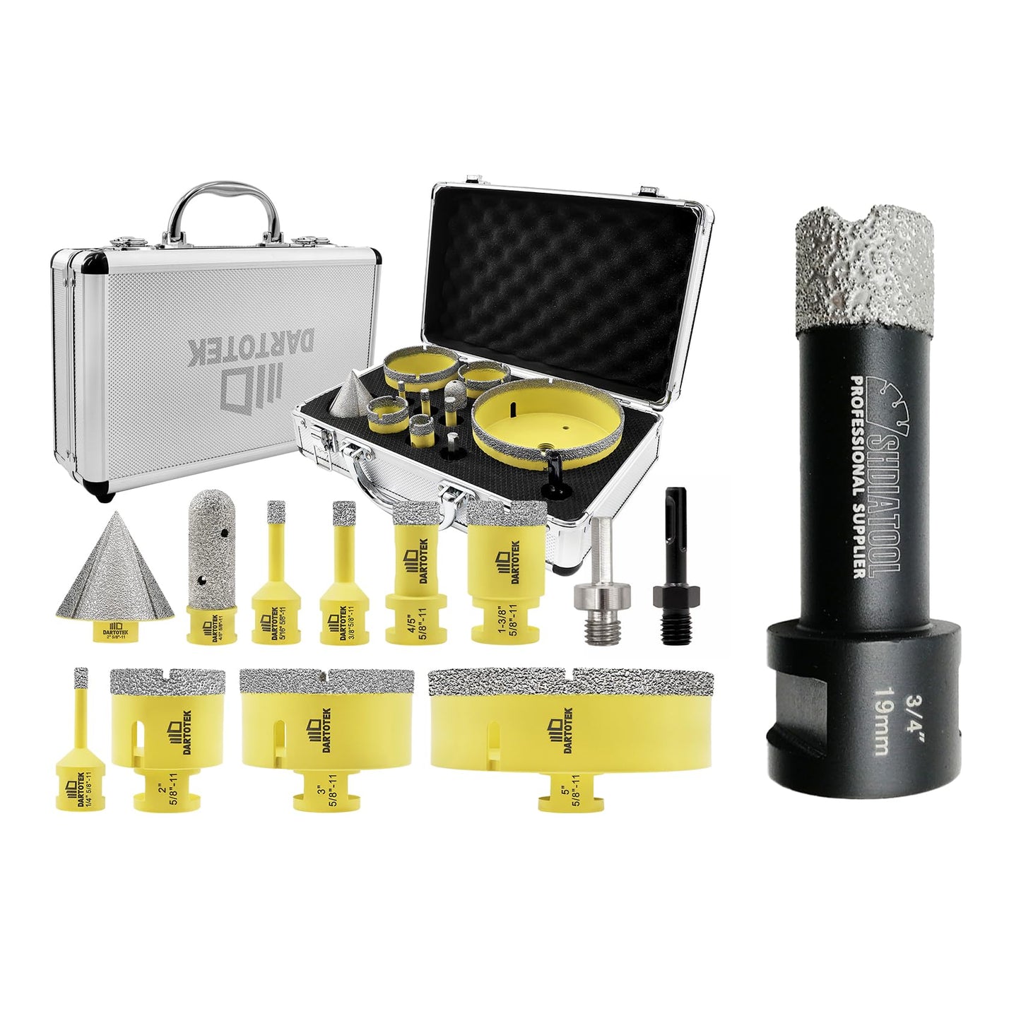 Diamond Core Drill Bits Set 12PCS - DARTOTEK Tile Hole Saw Kit (6/8/10/20/35/50/75/125/20mm/2/SDS/HEX for Porcelain, Ceramic Tile, Granite, Marble, Masonry