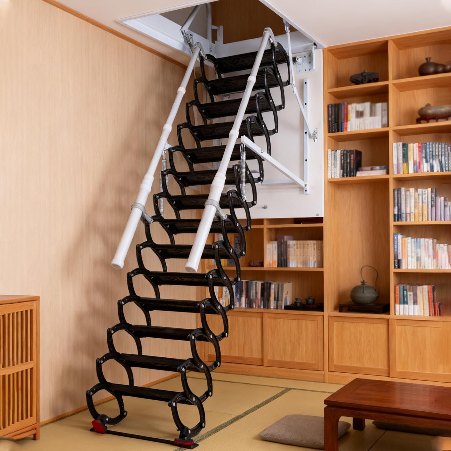9.8ft Electirc Attic Ceiling Ladder, Pull Down Attics Ladder with Handrails, Folding Retractable Loft Ladders, Invisible Telescoping Attic Stairs, Extension Steps Staircase for Garage, Home, Basement