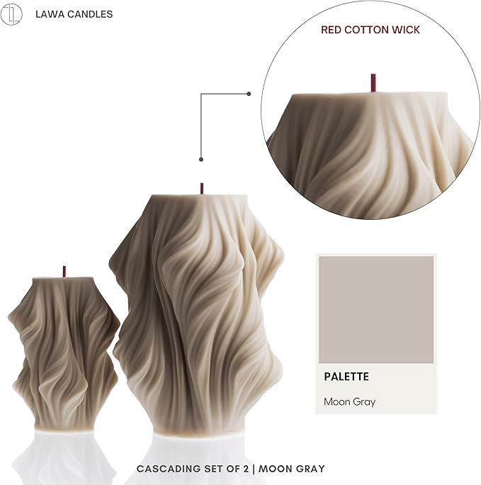 LAWA Cascading Wave Candle - Beautiful Handmade Pillar Scented Soy Wax Elegant Bubble Aesthetic Candle Housewarming Gift Home Room Shelf Decor Idea White (Moon Gray, Set of 2)