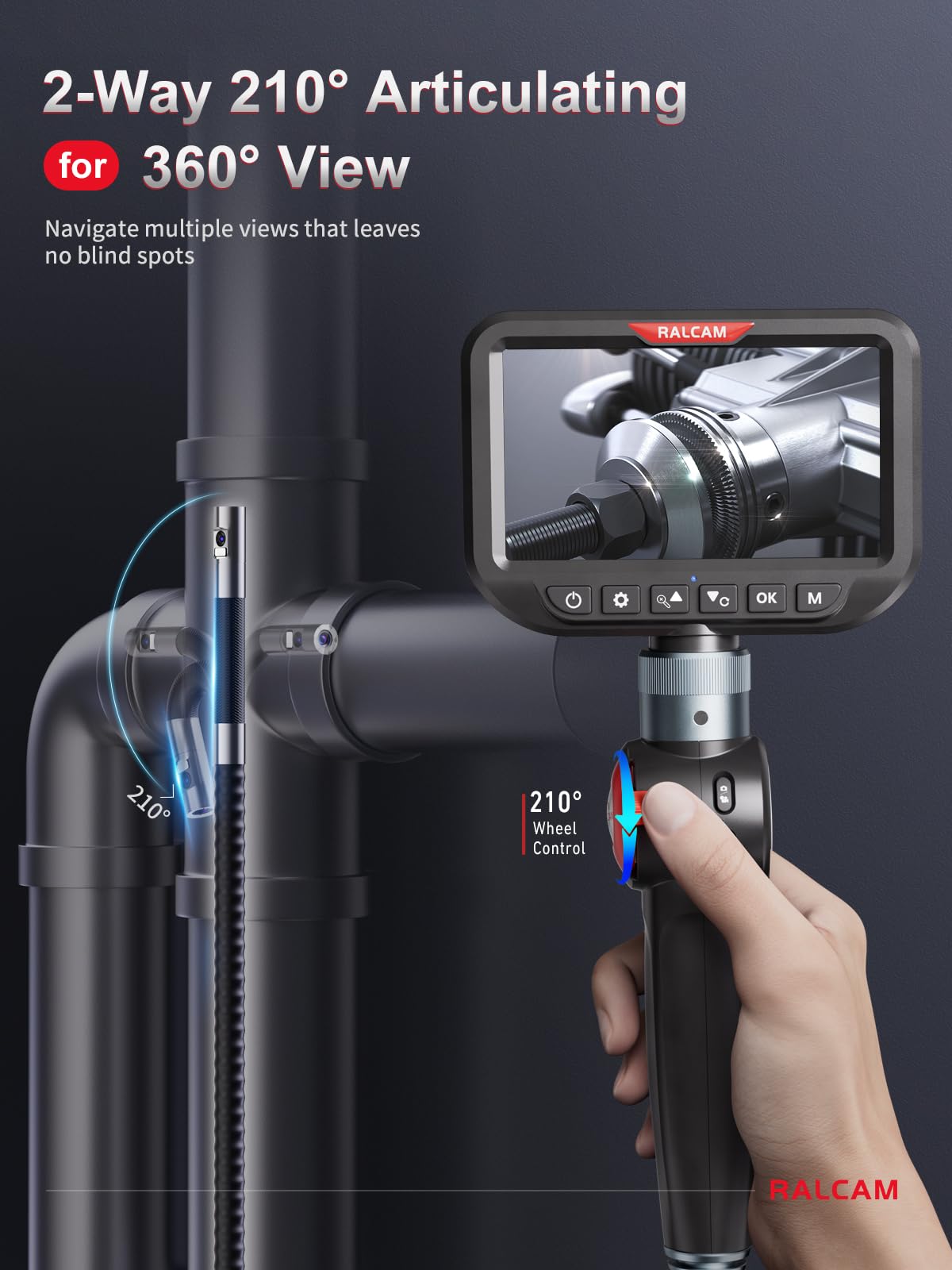 Ralcam Dual Lens Articulating Borescope, 6.5mm Slim Probe, 5" Endoscope Camera with Light, 5FT Semi-Rigid Cable, Two-Way Articulated Inspection Camera for Automotive Wall Pipe
