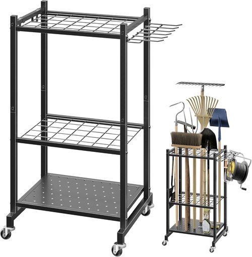 LAKEMID Garden Tool Organizer Stand - Mobile Tool Rack with 2 Hooks for Up to 42 Tools | Perfect for Garage & Outdoor Use