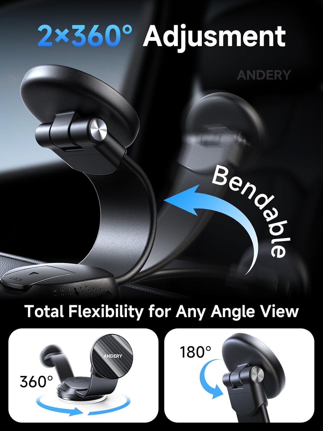 ANDERY [360 2400gf Car Phone Holder for MagSafe Adjustable Memory Alloy Arm | Strongest Magnetic Power] Bendable Car