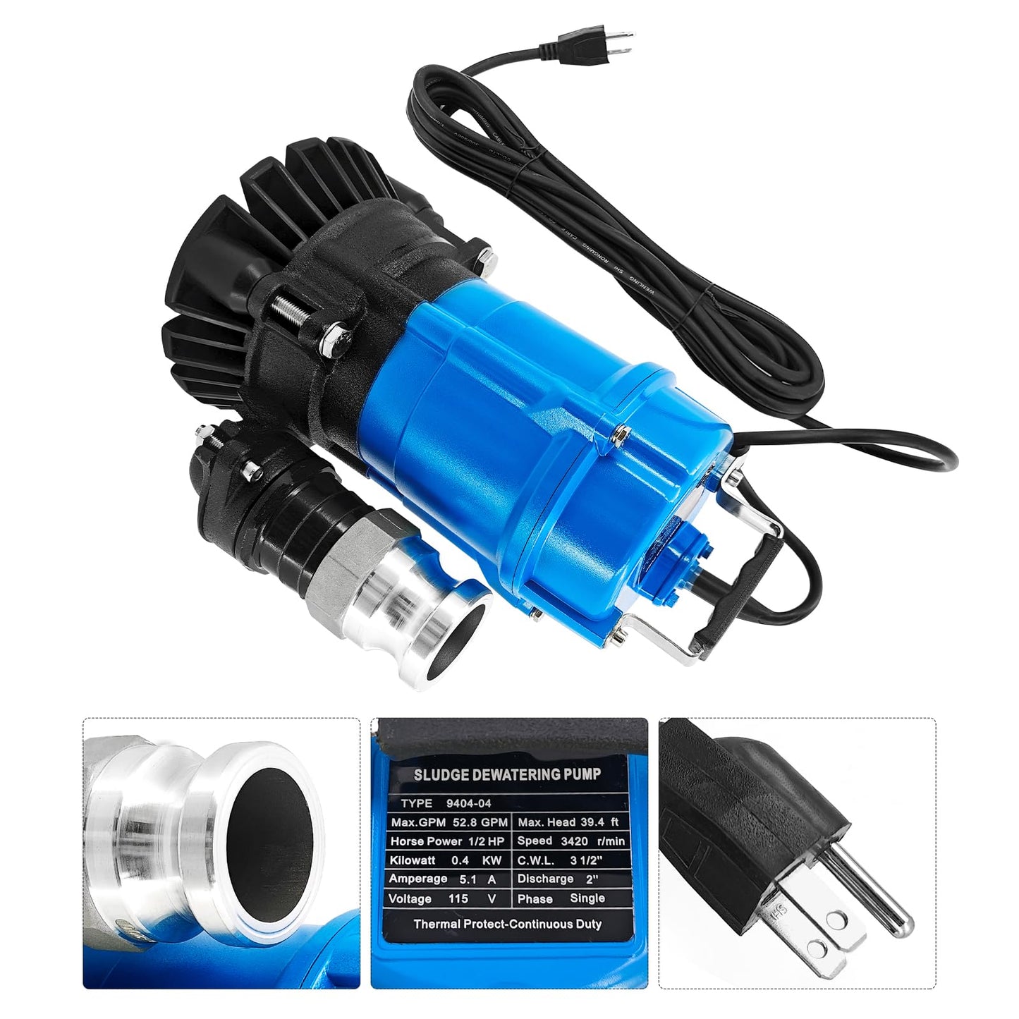 Buxatina 115V 1/2HP 52.8GPM 3600RPM Sludge Dewatering Pump Replacement for Allegro 9404-04 Sludge Pump for Pumping Standing Water containing Sand, Solids, Leaves or Debris
