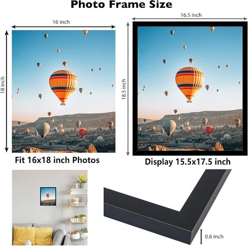 JCJMY 16x18 Black Picture Frame - Versatile Wall Hanging for Photos & Posters in Horizontal/Vertical Formats