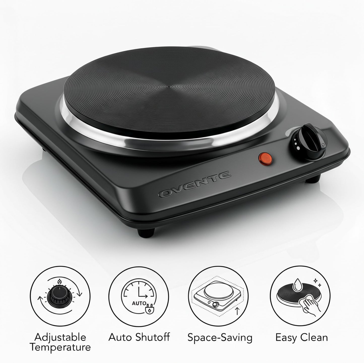OVENTE Electric Countertop Single Burner, 1000W Cooktop with 7.25 Inch Cast Iron Hot Plate, 5 Level Temperature Control, Compact Cooking Stove and Easy to Clean Stainless Steel Base, Black BGS101B