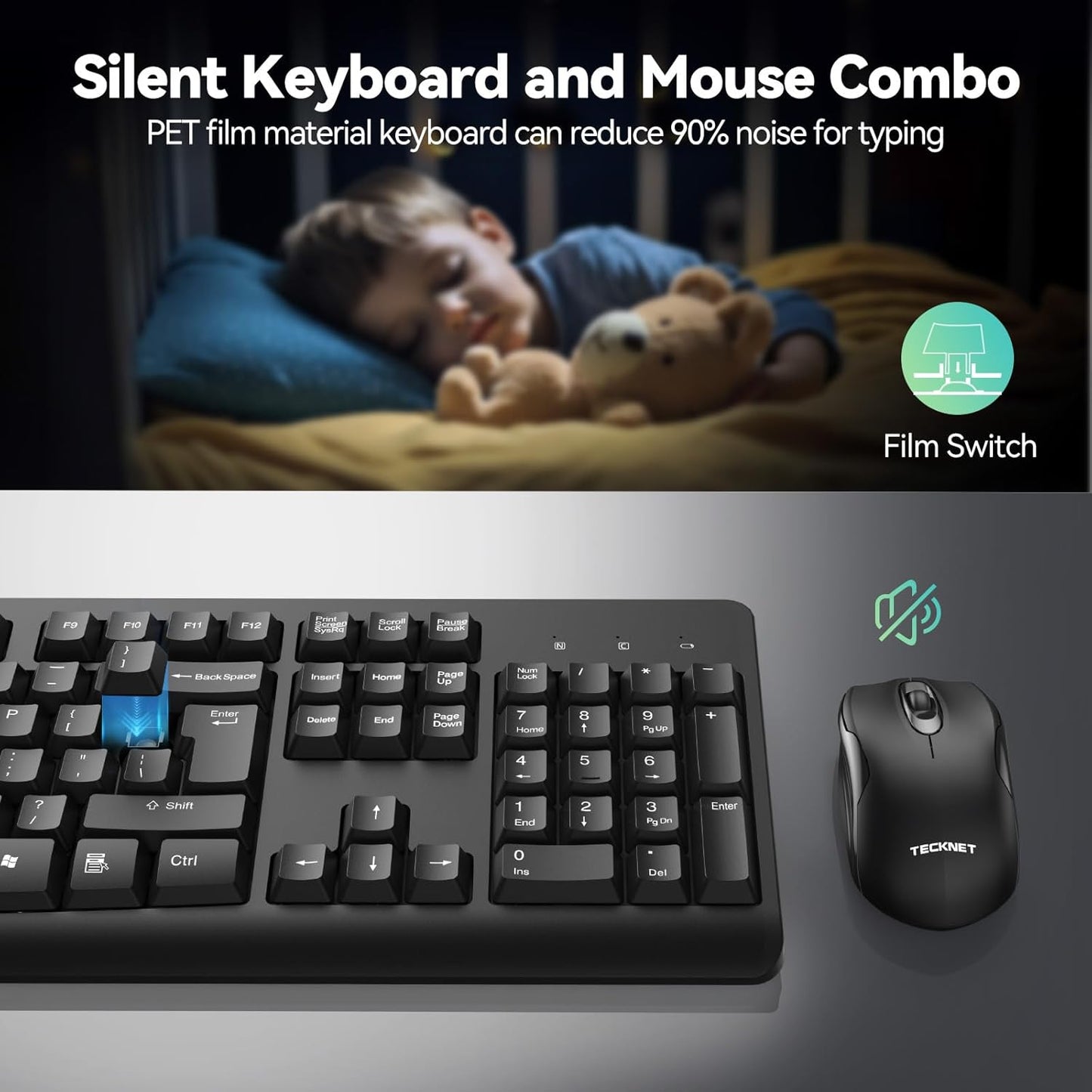 TECKNET Life,Spill-Resistant,2.4G Wireless Keyboard and Mouse Combo, Full-Size Ergonomic Keyboard & Optical Mouse
