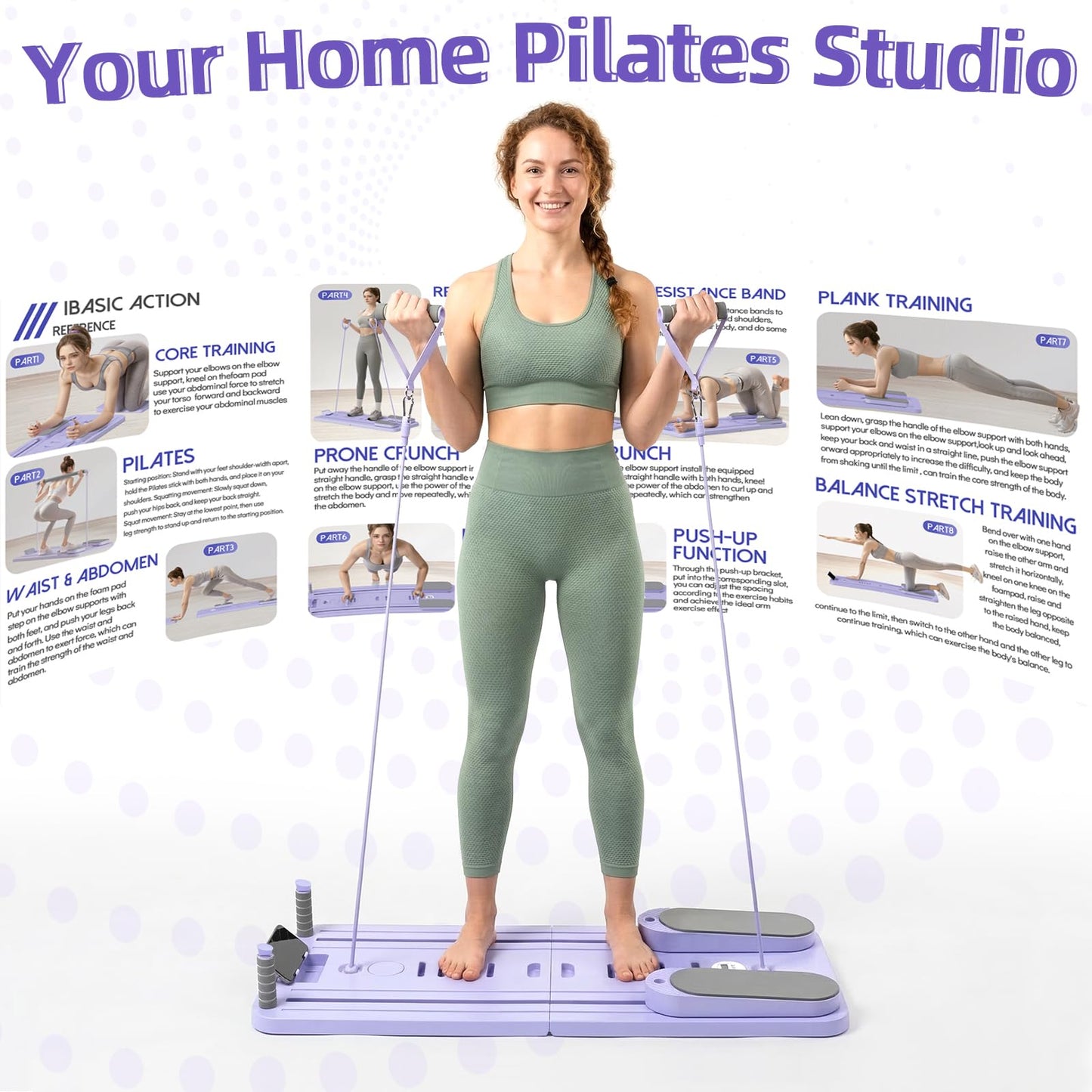 Pilates Board for Home Workout – Upgraded Foldable Pilates Reformer Board Set, Portable Pilates Reformer Machine with Resistance Bands, Ab Wheel & Push-Up Handles, All-in-One Home Pilates Equipment