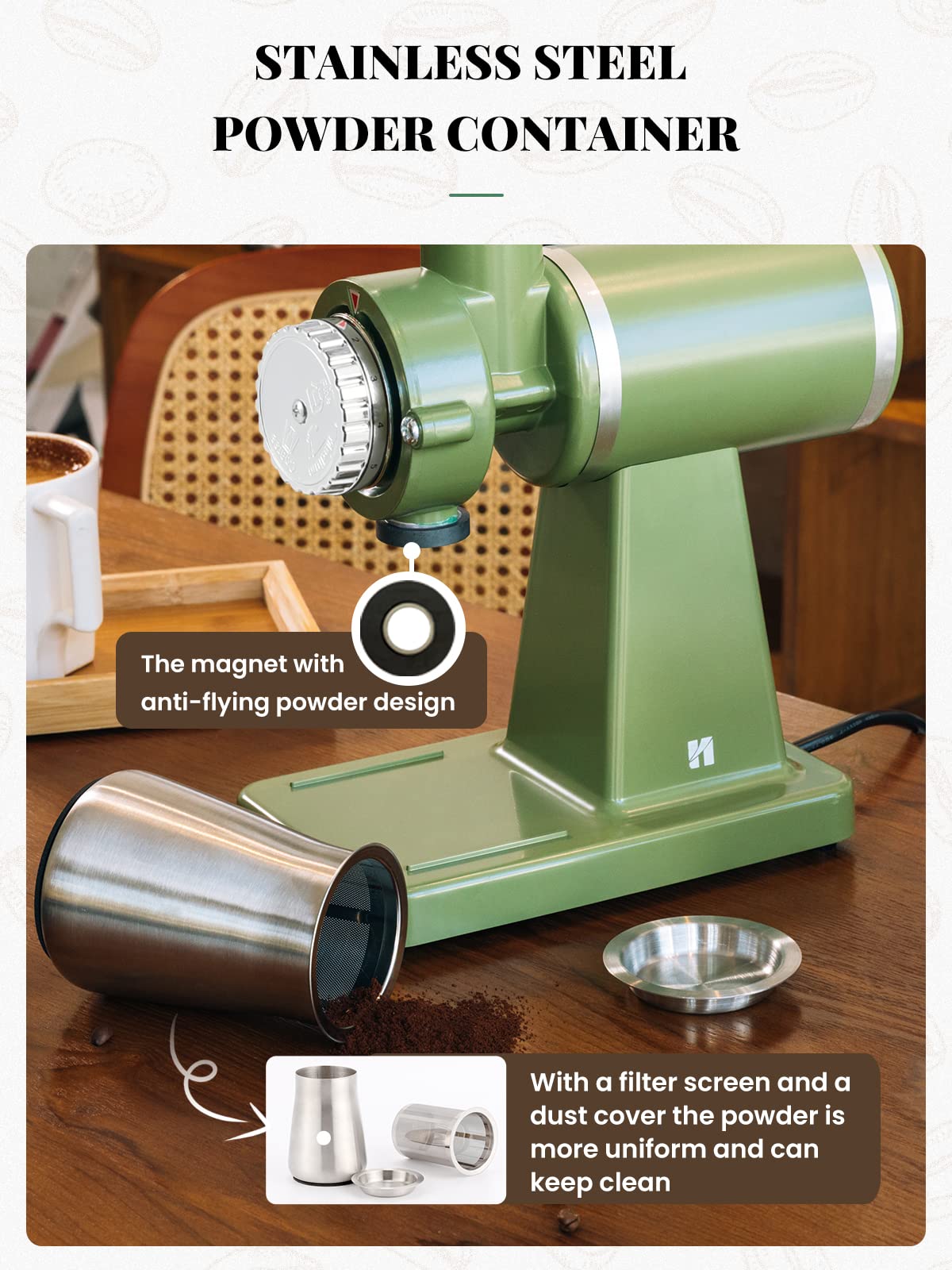 Huanyu Electric Coffee Bean Grinder 250G Automatic Burr Grinder Green and Huanyu Electric Espresso Portafilter Cleaner with Dual Brush Heads and Three Scrapers Bundle
