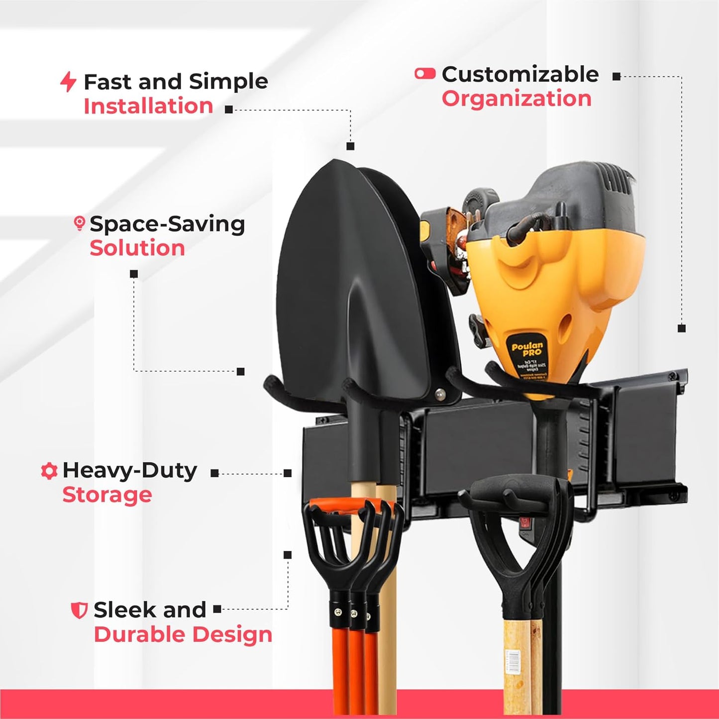 TIDYME Garage Wall Organizer - 48" Heavy-Duty Tool Storage Rack | Adjustable Double-Layer Hooks | 300 lbs Capacity