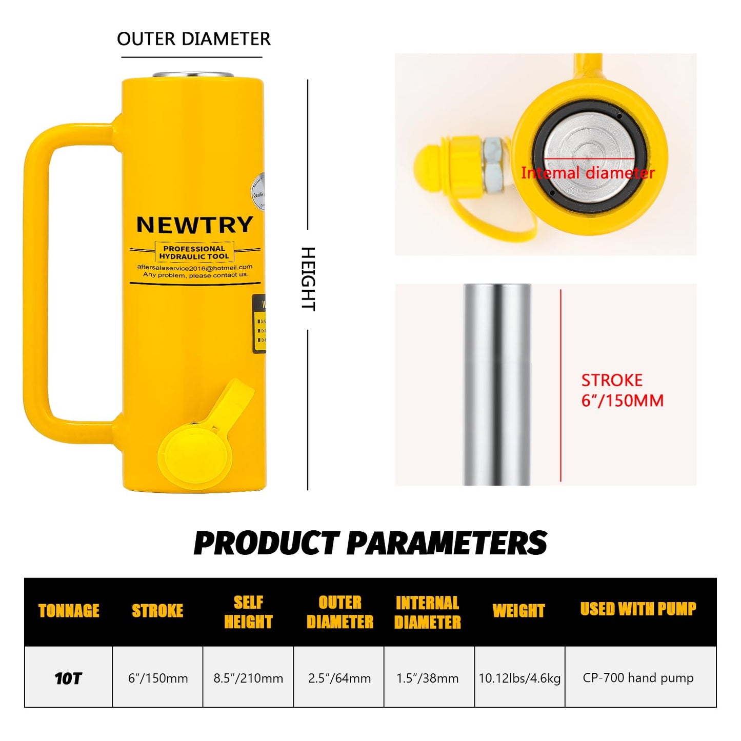 NEWTRY 10 ton Hydraulic Jack Cylinder Long Ram 6” Stroke Portable Hydraulic Ram Industrial Lifting Tool Porta Power Retract Automatically