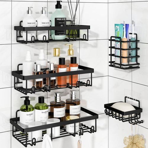 Liuoud Shower Caddy Organizer - 5 Pack Rustproof Stainless Steel Wall Storage Baskets | Black