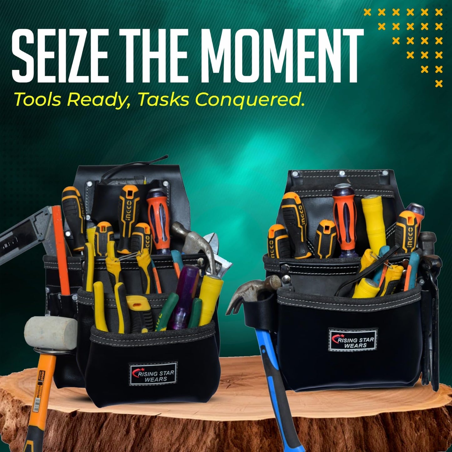 Rising Pro Oil Tanned Leather Tool Belt with Padded Belt Leather Carpenter Tool Pouches Dual Hammer Holsters for Men - Morrales Carpintero