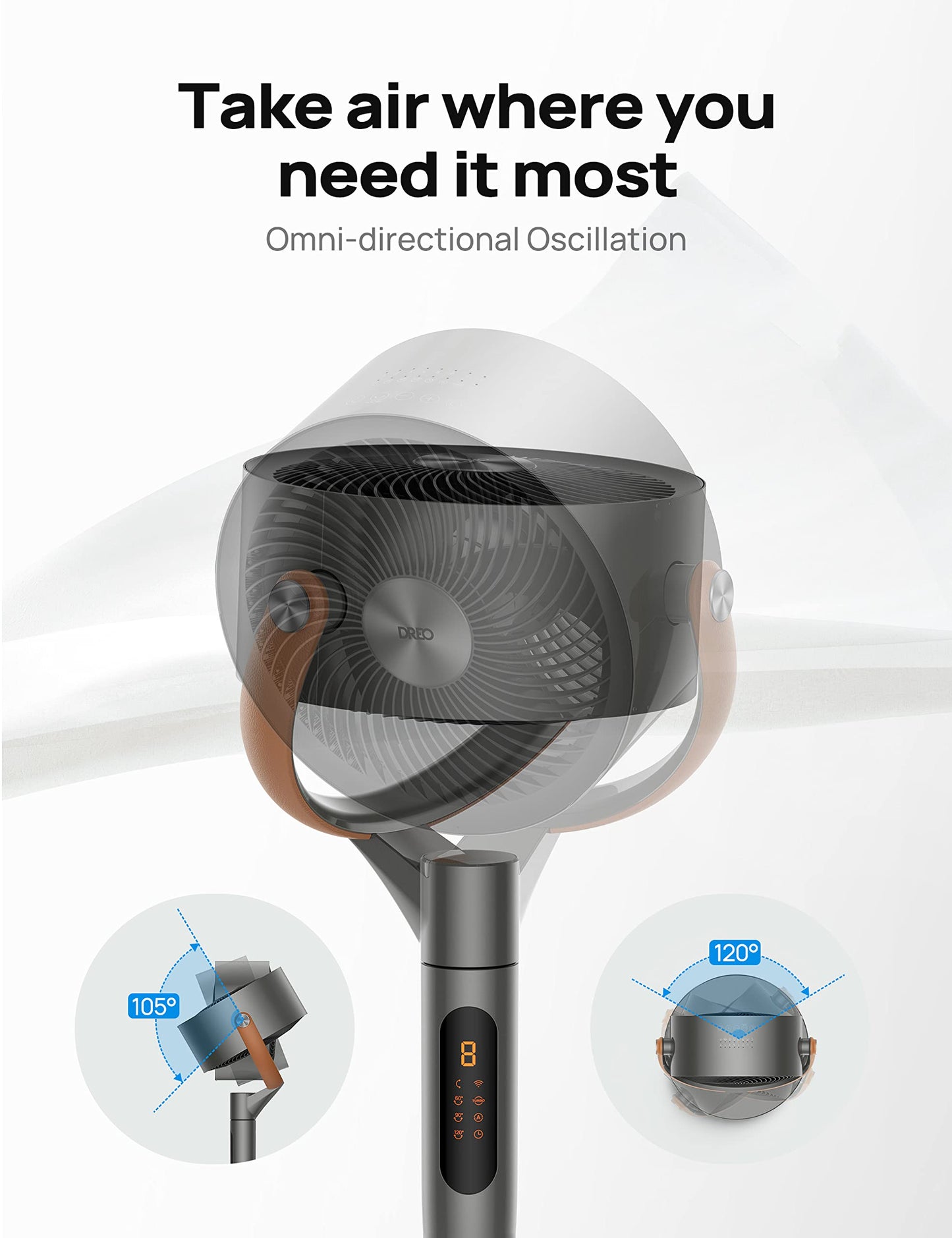 DREO Smart Fan for Bedroom, 120°+105° Omni-directional Oscillating Standing Fans with Remote, 100ft Quiet Floor Fan for Room, Wi-Fi/Voice/Alexa, 6 Modes, 8 Speeds, 37-43'' Height, 12H Timer, DC Motor