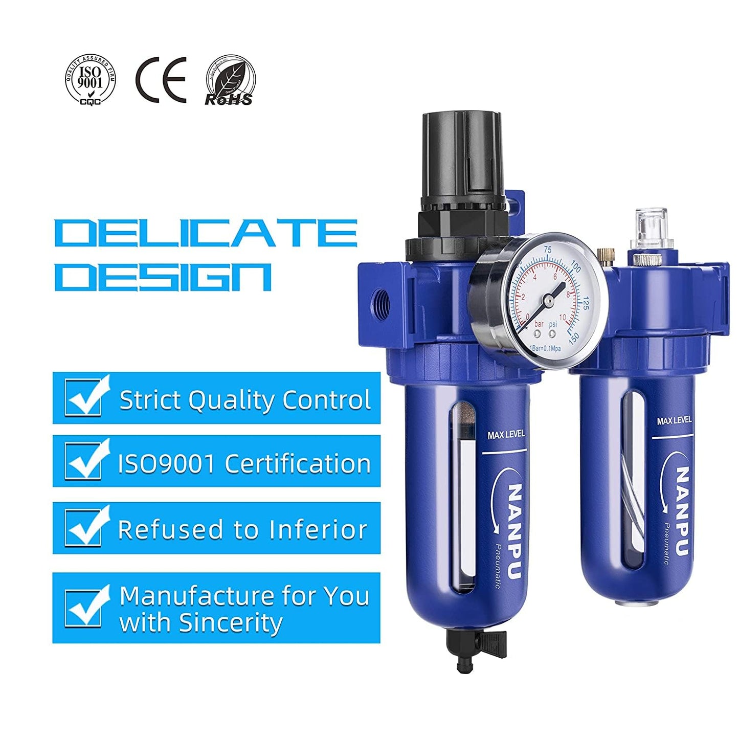 NANPU 3/8" NPT Compressed Air Filter Regulator Lubricator (FRL), Zinc Alloy, 5 Micron Brass Element, 0-150 psi Gauge, Quick Release Bowl, Manual Drain, Metal Bracket