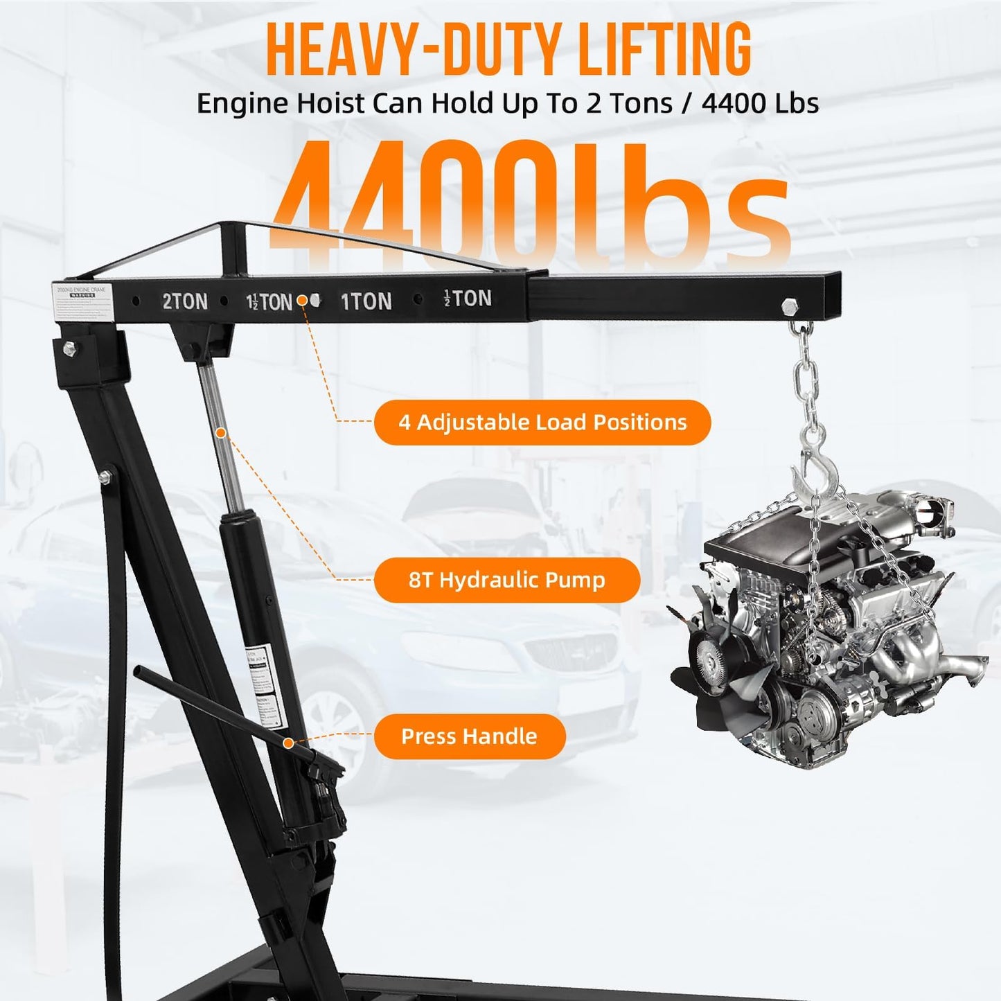 Garvee 2 Ton Engine Hoist, Hydraulic Cherry Picker Engine Crane, Heavy Duty Folding Shop Crane with 6 Casters, Engine Lift for Garage, Workshop, Black