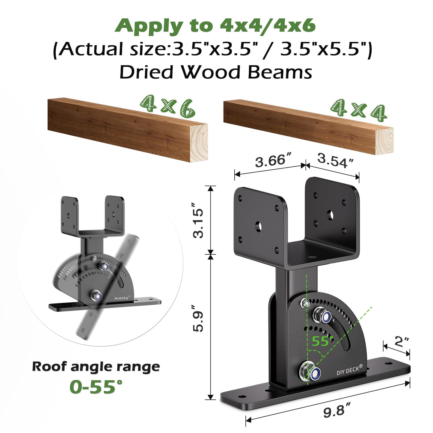 Patio Roof Riser Adjustable & Anchored Angle Pergola Roof Riser Heavy Duty Stainless Steel Roof Mount Brackets Support for 4x4/4x6 Lumber (3Pack)(Patent Pending)
