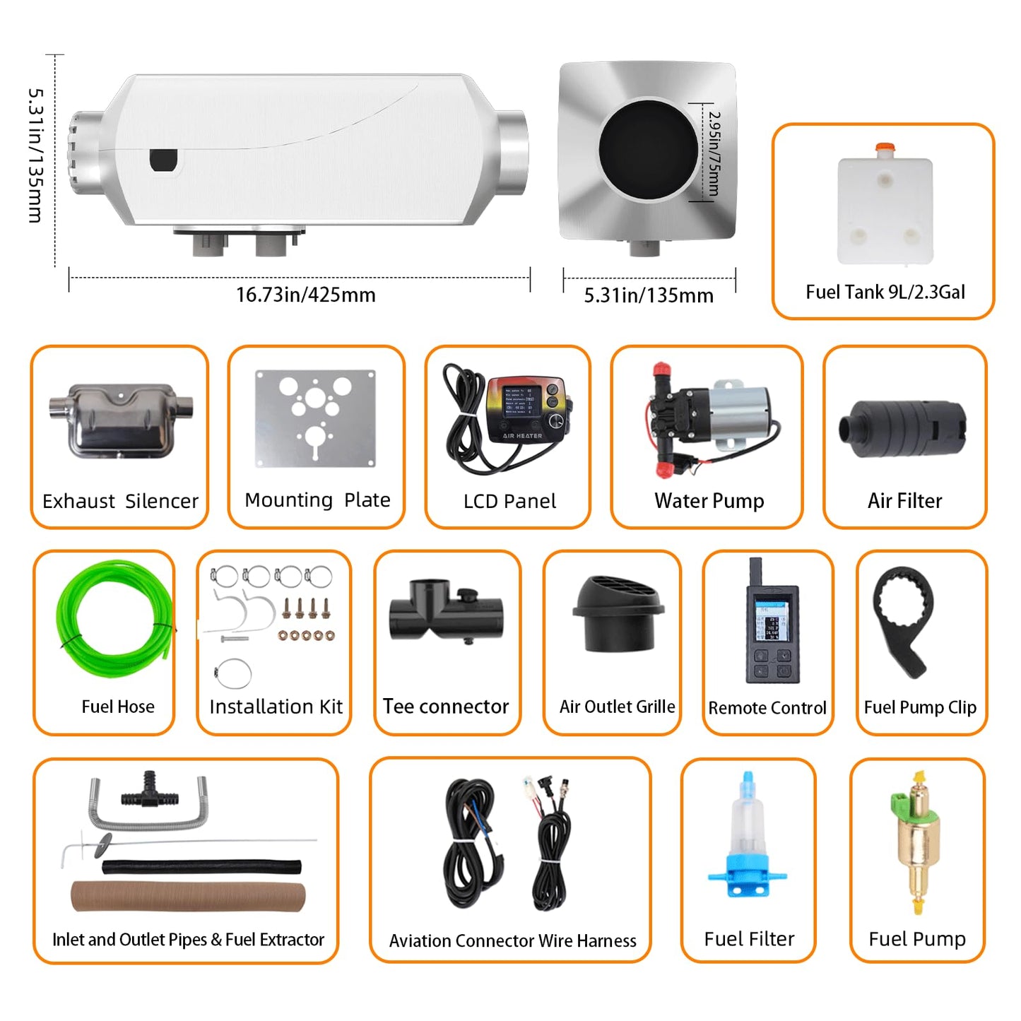 8KW Diesel Parking Heate 12V All-in-One Water - Air Heater with LCD & Dual Remote Control, Diesel Water Heater for 26 Gallon RV Water Tank Heating, Auto Temp Control, 9L Tank, for Car, Truck, RV