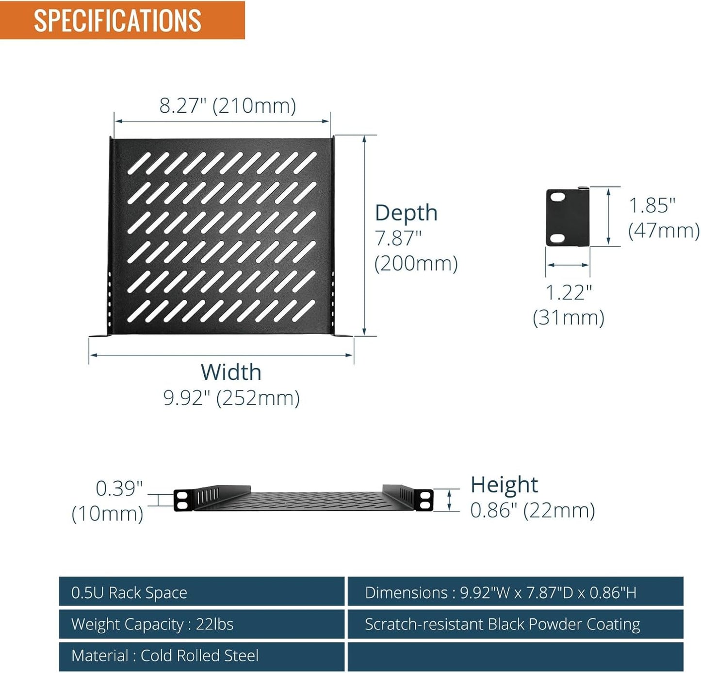Tecmojo 2 Pack 0.5U 10" 7.87" Rack Mount Shelf for Server Rack, Deep Vented Cantilever Tray, Metal Shelf for Network
