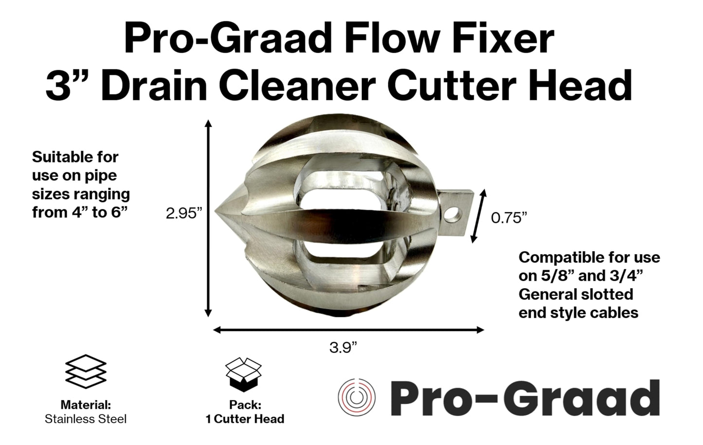 Pro-Graad Flow Fixer 3" Drain Cleaner Plumbing Snake Cutter Head for 4" – 6” Pipes, Clears & Scrapes Pipe Inner Walls, Fits 5/8” & 3/4" Cables, for Commercial & Residential Use