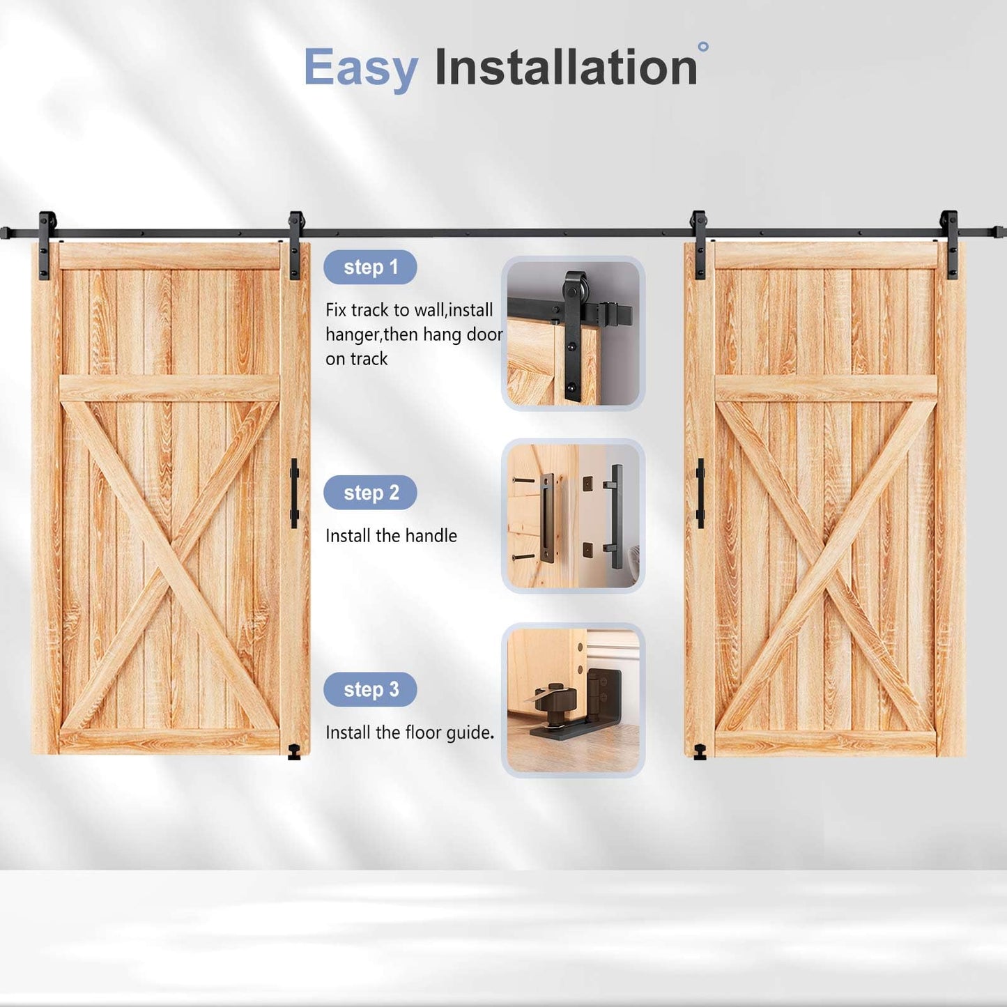 EaseLife 16 FT Double Sliding Barn Door Track and Handle Hardware Kit,Basic J Pulley,Slide Smoothly Quietly,Easy Install (16FT Track Kit for 44"~48" Wide Double Door)