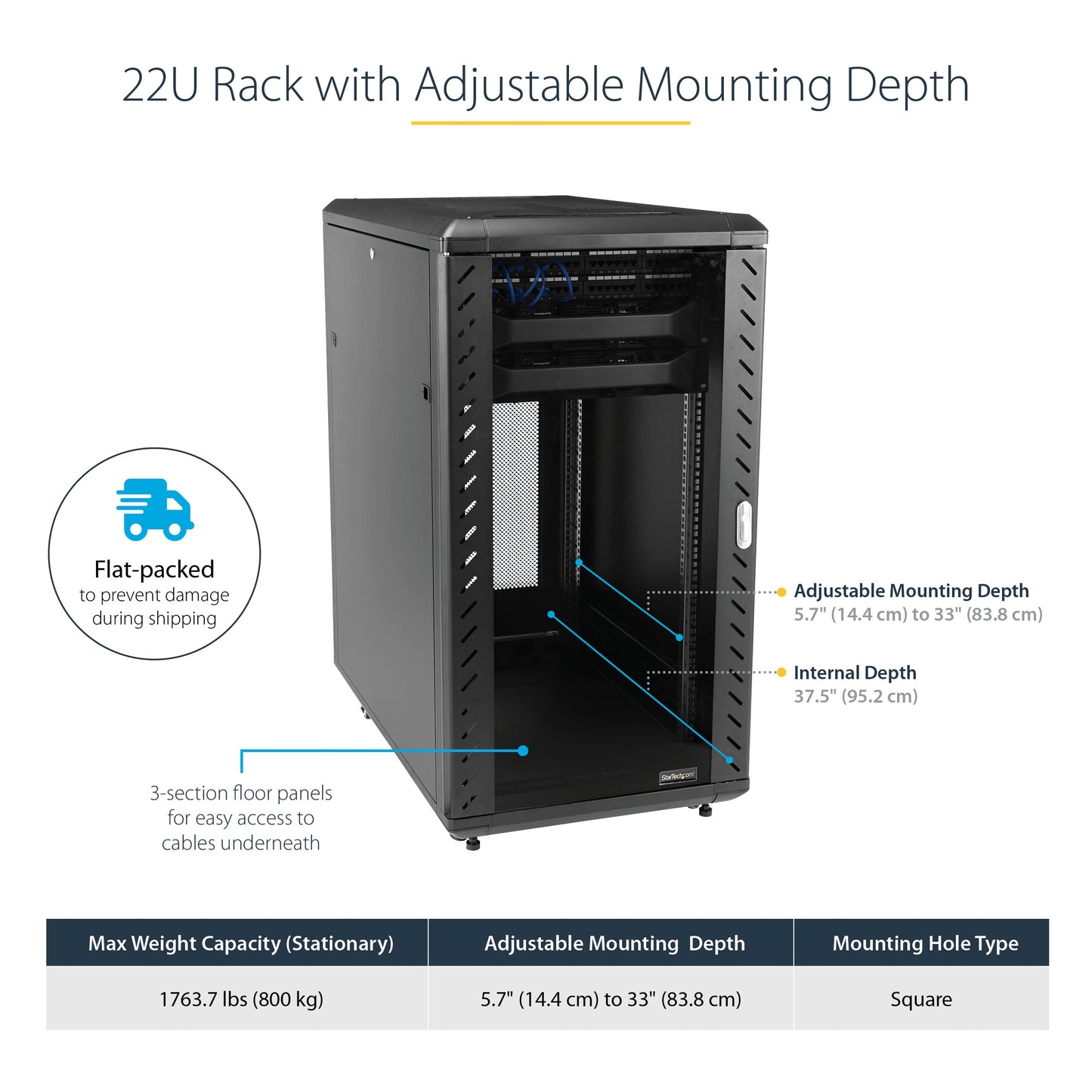 StarTech 22U Enterprise-Grade Server Rack Cabinet, 19in Enclosed 4-Post Rack with 33in (83cm) Mounting Depth and 1764lb (800kg) Weight Capacity