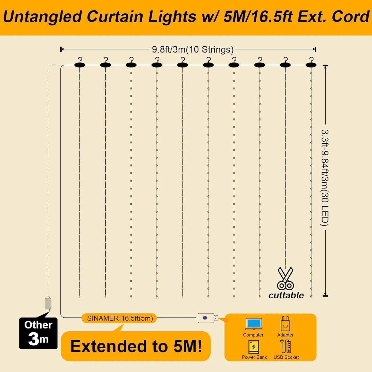 Skiennix Curtain Light - 300 LED Fairy String Lights with Remote & 8 Modes | 9.8ft x 9.8ft Warm White Decor