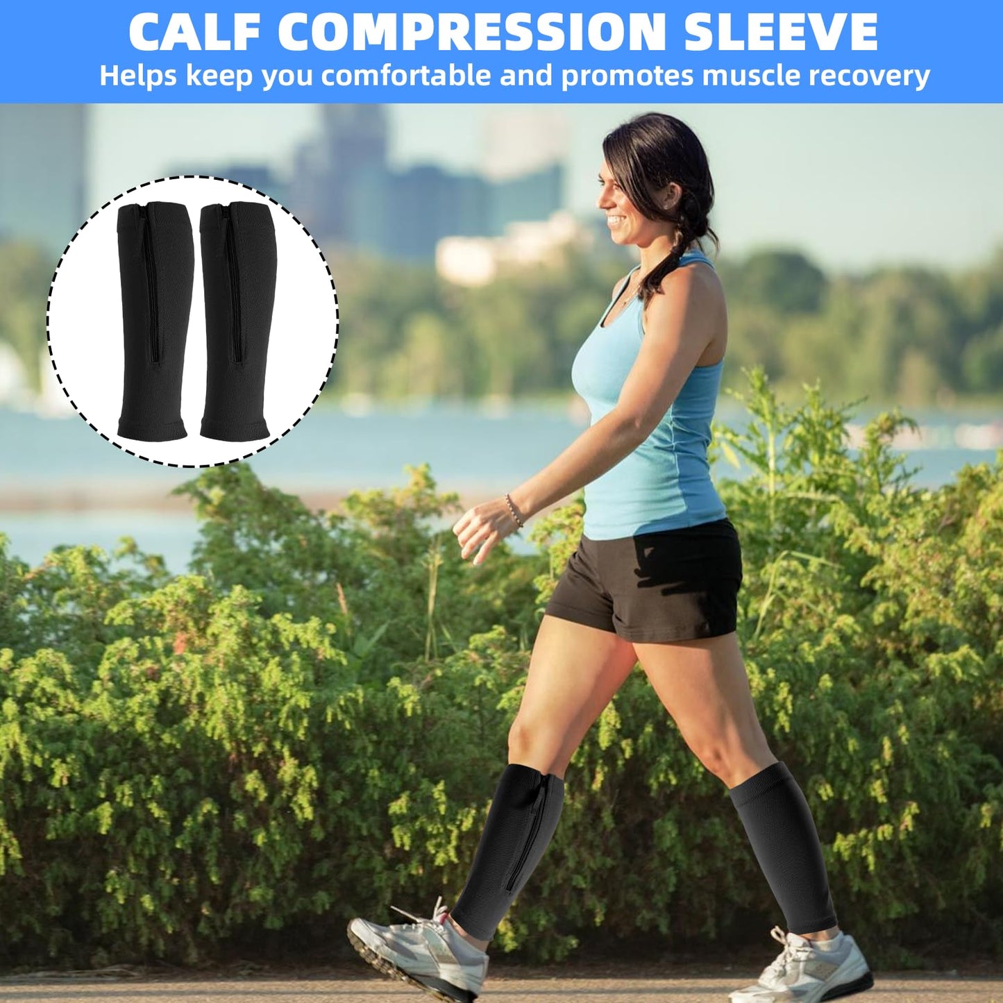 2 Piece Compression Sleeves for Women Calf, Leg Compression Sleeve with Zipper, Footless Compression Socks for Shin Splint Relief, Calf Brace for Use While Running and Cycling, Shin Sleeves(Black)
